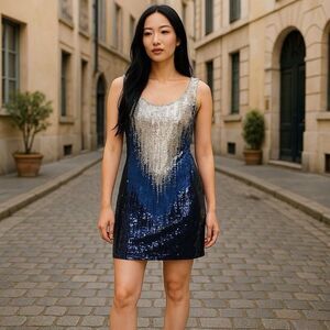 vintage CACHE Silk Beaded Sequin Shift Dress M blue